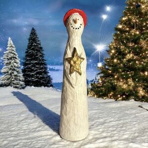 VTG Primitive Folk Art Snowman Tall Thin Carved Wooden Gold Star Red Halo 10.5”